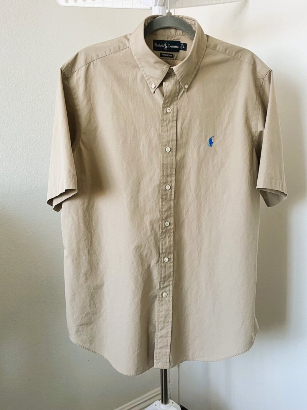 Ralph Lauren Mens Short Sleeve Button Down Shirt Large Khaki Tan Blue Pony Class